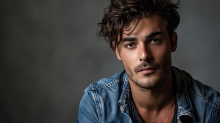 Fototapeta premium A young attractive man wearing casual attire against a gray backdrop