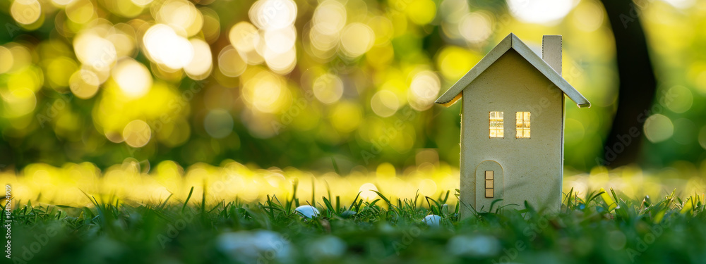 Poster a small house model on grass with a bokeh background, symbolizing real estate and nature. generative