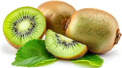 Fototapeta premium A whole and sliced kiwi fruit with green leaves on a white background