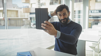 A bearded man in a modern office setting takes a selfie with a tablet, conveying a sense of casual...