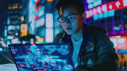 Male tech enthusiast browsing the web for insights into the future of open AI on his laptop