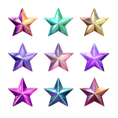 Obraz premium 3d chrome y2k metal stars. Chrome holographic stars Y2K, shape 3d set isolated on transparent background. The holographic liquid metal is in the form of stars.