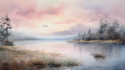 Fototapeta premium A painting of a lake with a bird flying over it