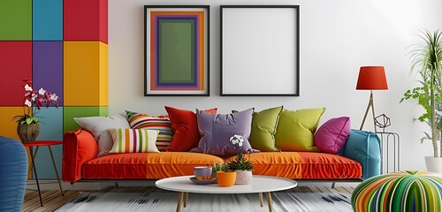 white and brown color interior design with abstract wall and sofa background with green plants with the mirror in the background of the interior 