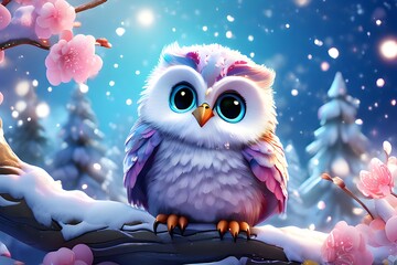 AI Generates Realistic 3D Illustration Of A Chibi Owl Sitting Under A Cherry Tree Covered In Fluffy Snow On A Glacier.