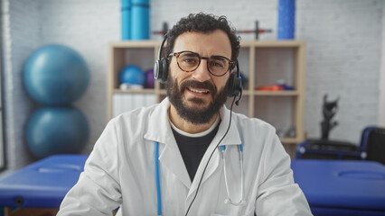 A middle-aged bearded man in a white coat with headphones smiles in a modern clinic's physiotherapy...