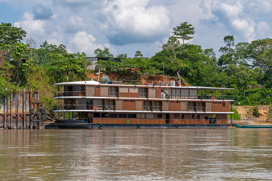 Luxury Amazon rainforest cruise ship on Napo River, Amazon rainforest, Ecuador.