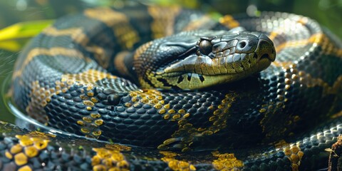 Fototapeta premium Close-up shot of a snake's head submerged in water, ideal for use in educational or documentary settings