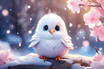 AI Generates Realistic 3D Illustration Of A Chibi White Bird Sitting Under A Cherry Tree Covered In Fluffy Snow On A Glacier.