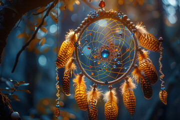 Obraz premium An ornate dreamcatcher with feathers and beads, made from golden sand,