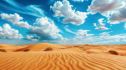 Fototapeta premium Cloudy blue sky over arid desert with sandy dunes