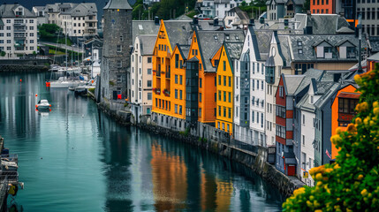 Fototapeta premium Colorful buildings along a canal in ?lesund, Norway