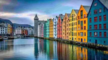Fototapeta premium Colorful buildings along a canal in Alesund, Norway.