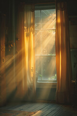 A single ray of sunlight breaking through heavy curtains in a dark room,