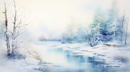 A painting of a snowy landscape with a river and trees