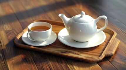 Fototapeta premium Teapot and cup of tea on a wooden tray