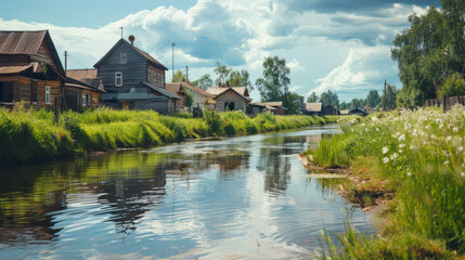 Obraz premium Serene village by a river with traditional wooden houses