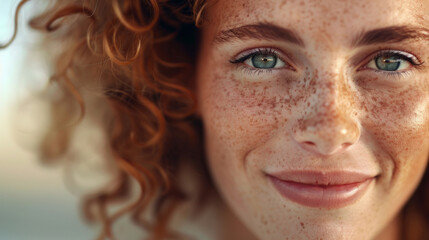 Close-up portrait of a smiling young woman with freckles and curly hair