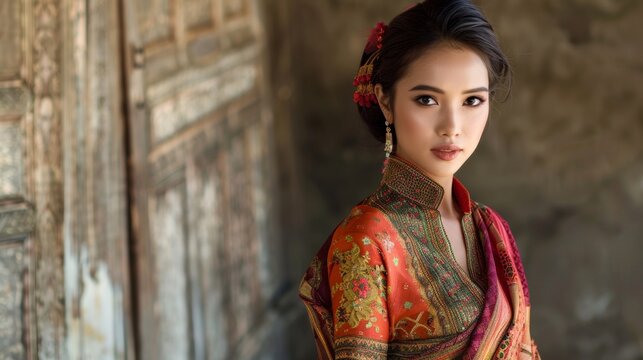 Beautiful Burmese woman in a traditional dress portrait.