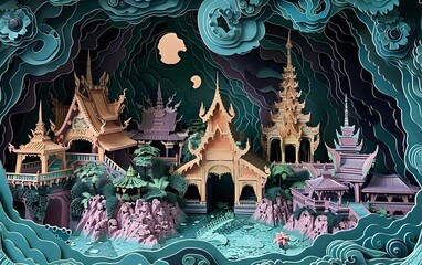 Obraz premium This paper sculpture diorama depicts an ancient Thai village, Thai temple in color is metallic emerald, platinum, copper