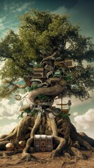 A majestic oak tree with roots wrapped around a treasure chest and branches supporting various financial instruments, illustrating the growth and security provided by sound financial leadership.