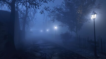 Obraz premium Mysterious foggy street at dusk, with dim streetlights casting eerie shadows