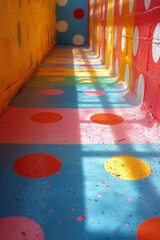 A playful background with colorful, oversized polka dots,