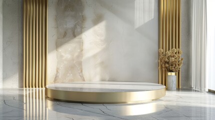 Product podium. Realistic empty white and golden pedestal mockup for cosmetics advertising. Minimal beauty scene. Cylindrical stage shape and ar deco style