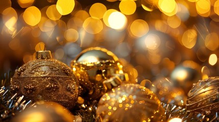 Create an image of a gold-themed holiday decoration, emphasizing festivity, celebration, and the warmth of the season.