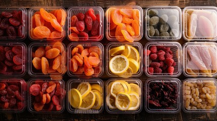 Assorted dried fruits in clear plastic boxes, beautifully presented on a rustic table