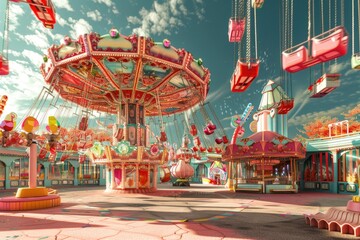 Obraz premium A colorful carnival ride in a sunny park surrounded by other rides and happy people