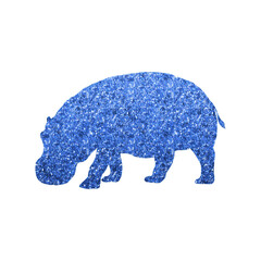 Chic Hippopotamus Silhouette with Shiny Blue Hexagon Glitter Texture, Transparent Background