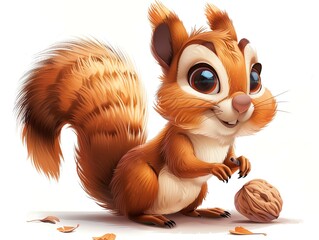 Friendly cartoon squirrel with a nut, playful pose and bright colors, fun and endearing