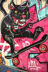 Obraz premium Anthropomorphic Punk Rock Jaguar Skateboarding in Vibrant Street Art Mural