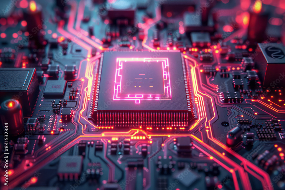 Poster High-detail illustration of a CPU microchip with focus on its engineering precision,