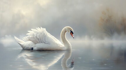 Fototapeta premium Majestic swan gliding on a calm lake, detailed feathers and serene presence, elegant and peaceful