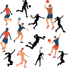 A group of athletes playing sports, including volleyball and basketball