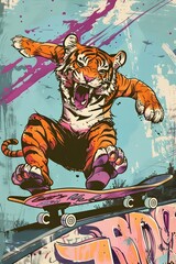 Anthropomorphic Punk Rock Tiger Skateboarder in Vibrant Outdoor Skate Park Scene