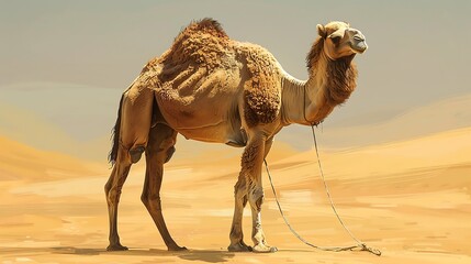 Realistic camel in the desert, detailed fur and natural pose, strong and enduring