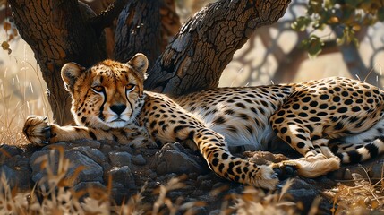 Obraz premium Realistic cheetah resting under a tree, detailed fur and relaxed pose, wild and graceful