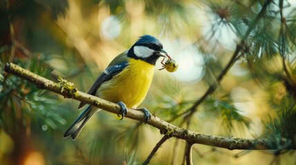 Obraz premium Bird perched on a tree branch, enjoying a meal of worms, close-up wildlife moment