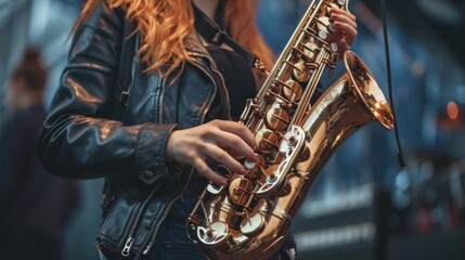 Obraz premium A close-up of a woman playing a saxophone with dramatic lighting and focus on the instrument.