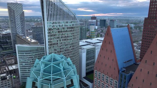 The Hague City Skyline Business Center with Modern Skycrapers at Morning Sunrise Time. Den Haag Aerial, the Netherlands.