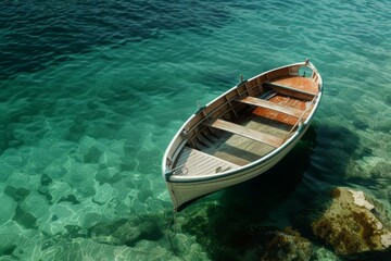 Serene image showcasing a single white rowboat floating on the transparent sea