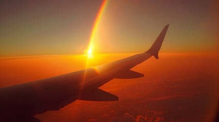 Dramatic sunset airplane wing view with rainbow in the sky