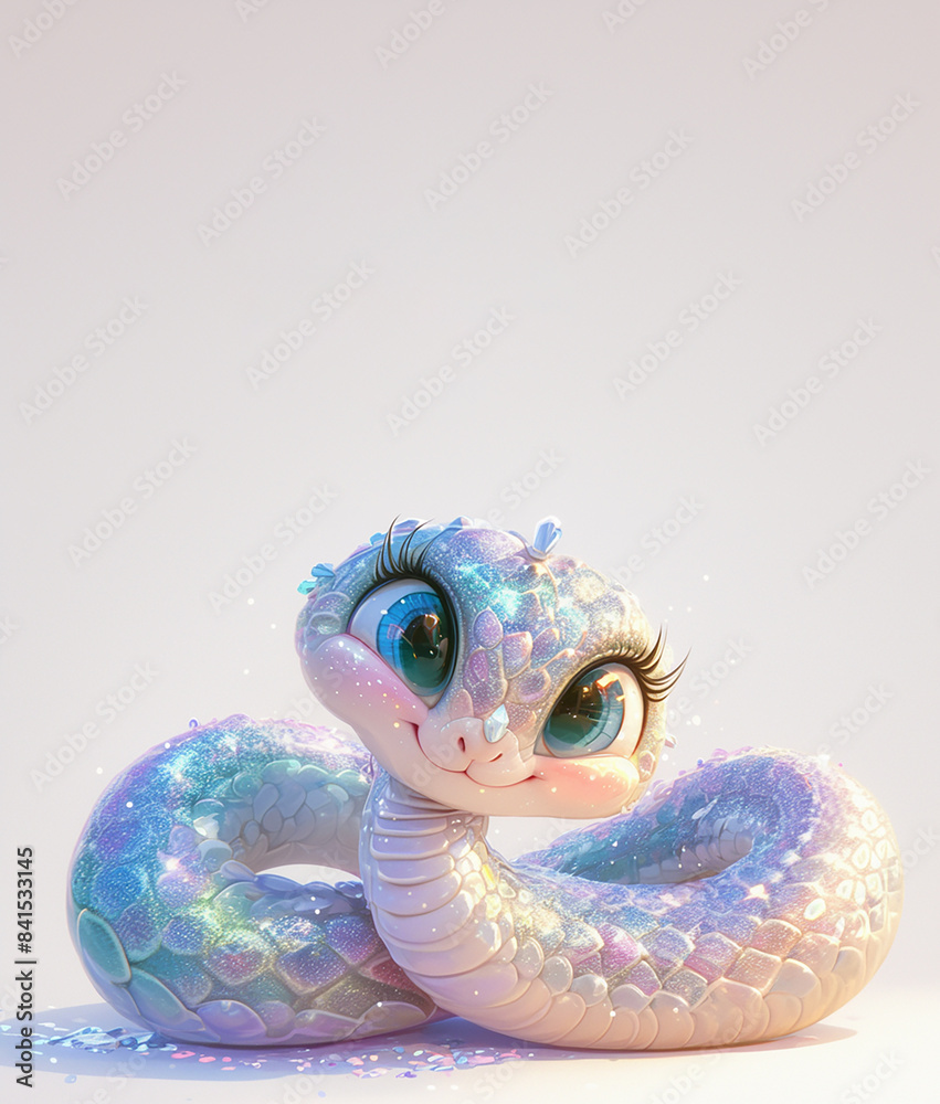 Wall mural 2025 A colorful snake with sparkles on its body and a cute face. The snake is sitting on a white background