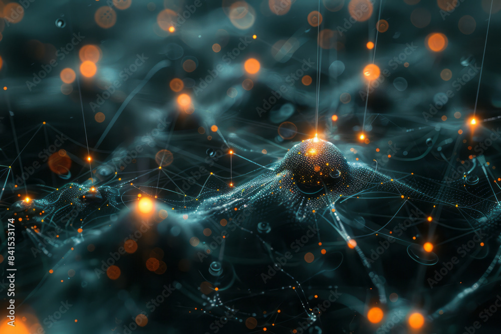Poster Cybernetic structure-inspired design featuring interconnected nodes and pathways,