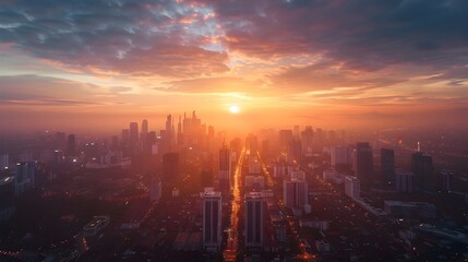 Fototapeta premium Aerial Cityscape at Sunset with Dramatic Sky and Illuminated Skyscrapers