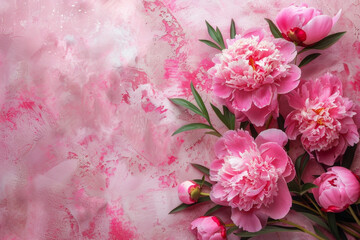bouquet pink peonies arranged pink background. peonies full bloom delicate petals vibrant color. textured slightly abstract pink creating romantic feel. concept: background mockup template for design