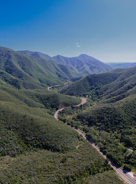 Aerial view of the Ortega Highway 74 winding it's way through the mountains of Riverside County California USA